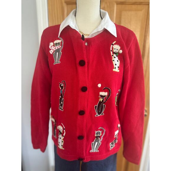 Vintage Cat Holiday Christmas Cardigan Sweater Red Button Front Women’s M - Picture 3 of 8